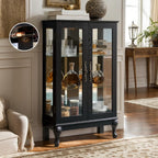 44" Small Lighted Glass Accent Curio Cabinet, Vintage China Cage with 2 Tempered Glass Doors & Adjustable Shelves, Acrylic Mirrored Pane, Elegant Wine Artwork Showcase for Living Room/Kitchen (Black)