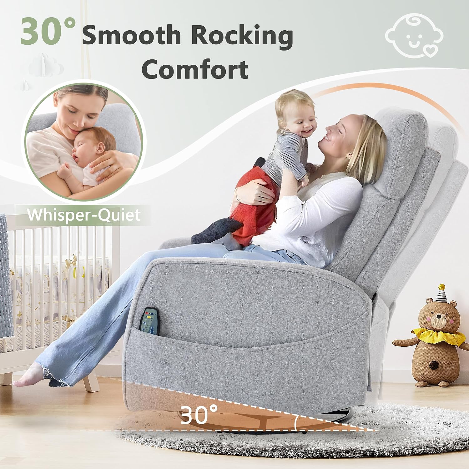 Heated Massage Swivel Rocker Recliner Chair for Nursery - Small Space Reclining Chair with Lumbar Support, 360° Swivel & Gentle Rocking, Ergonomic High Back Short Plush Light Grey