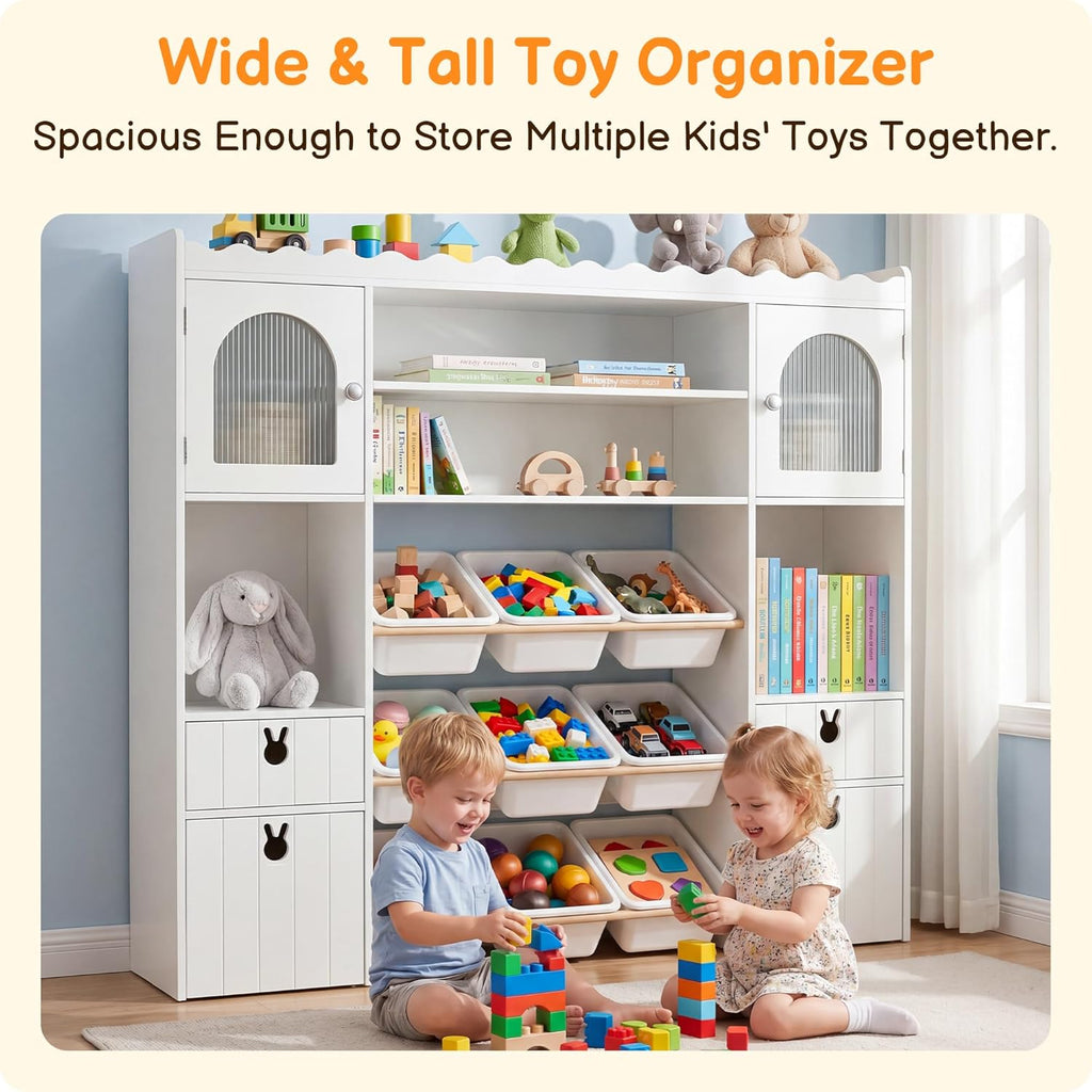 46.46" H Kids Toy Storage Organizer,Toy Chest with Book Shelf,Toy Bins,Storage Cubbies,Drawer and Rolling Cubbies,Easy Access and Clean,Space Saving for Playroom,Bedroom,Living Room (White)