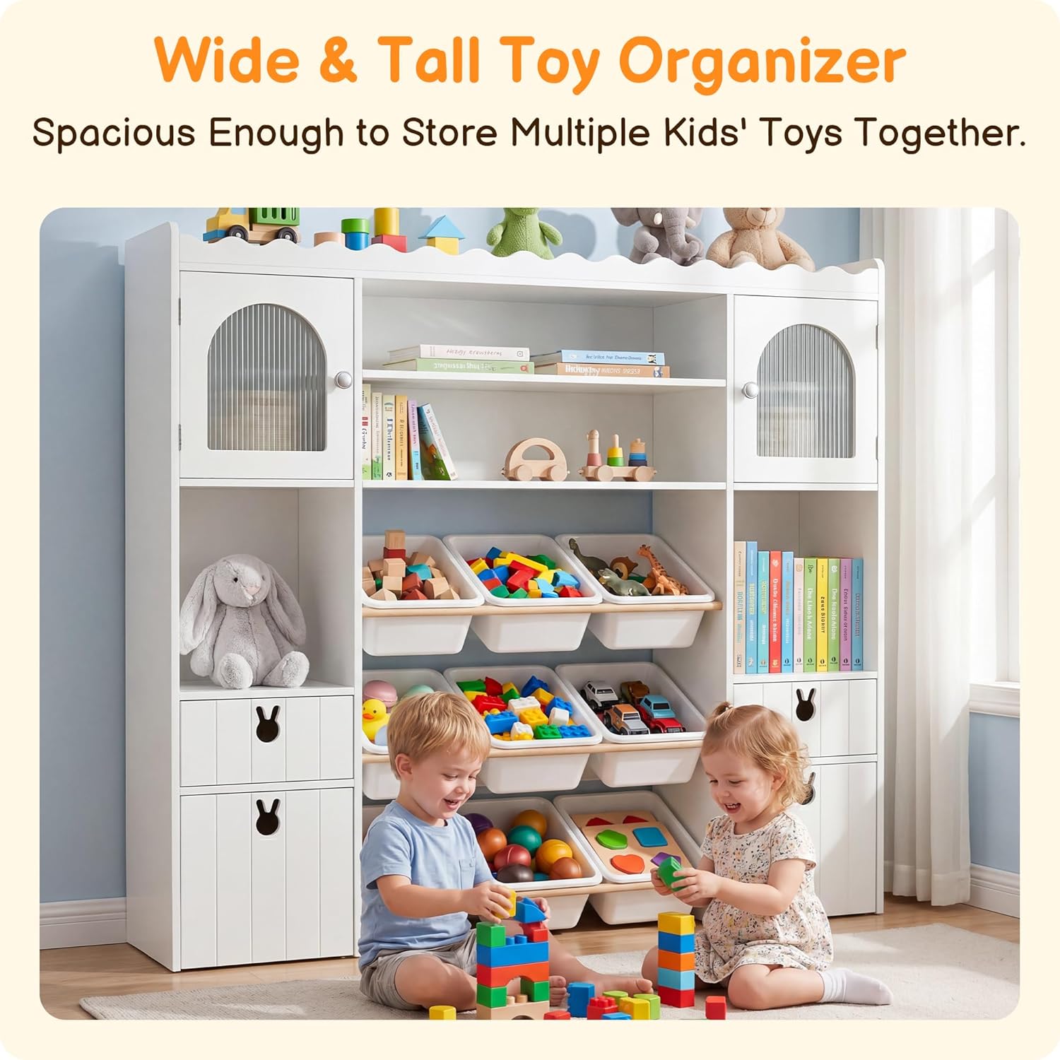 46.46" H Kids Toy Storage Organizer,Toy Chest with Book Shelf,Toy Bins,Storage Cubbies,Drawer and Rolling Cubbies,Easy Access and Clean,Space Saving for Playroom,Bedroom,Living Room (White)