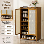Shoe Cabinet with Doors, 7-Tier Bamboo Shoe Storage Cabinet for Entryway, Freestanding Shoe Rack Cabinet for Hallway Apartment, 43" Tall Modern Farmhouse Style, Holds 24 Pairs，Brown