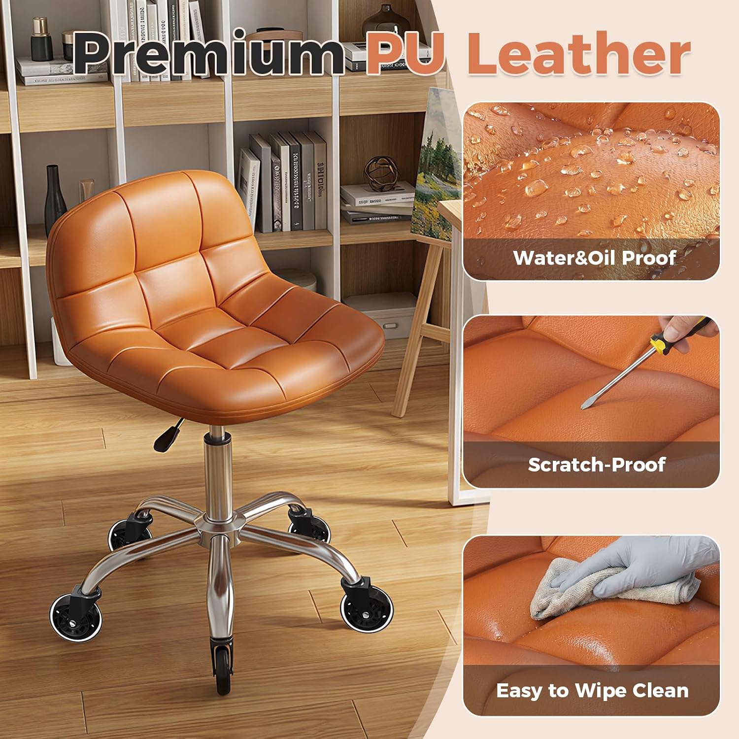 Rolling Stool Chair with Wheels, Height Adjustable Stool with Back Support, Office Drafting Chair with PU Leather Cushion for Home Office Kitchen Vanity Salon Garage Tattoo Dentist Esthetician(Camel)