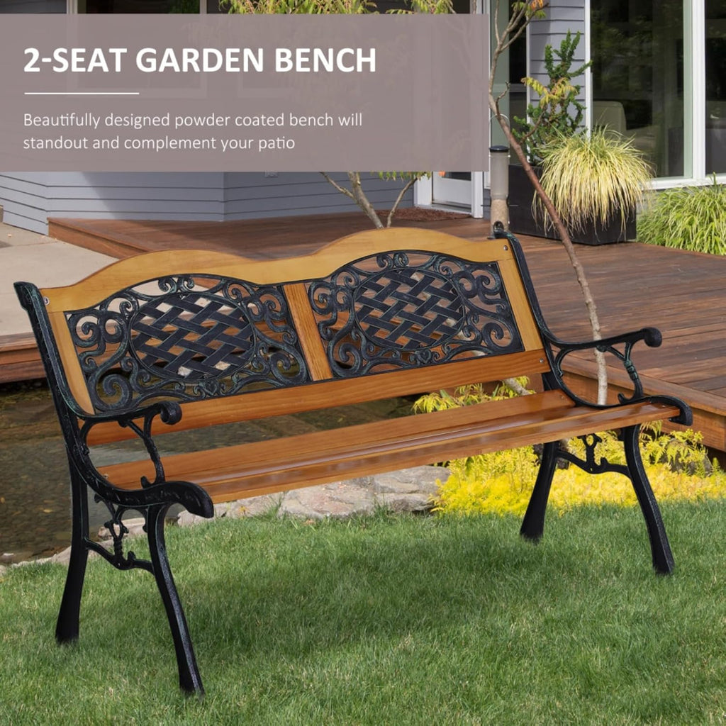 Hassyee Outdoor Garden Bench with Antique-Like Flourishes and Slatted Design for Backyard, Deck, Lawn, Patio Wooden Bench with Metal Frame for Balcony, Poolside, Park