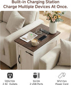 Farmhouse End Table with Charging Station, Narrow Side Table for Living Room, Rustic Wood Sofa Side Table with Storage Cabinet,Small Nightstand for Bedroom Home Office (White)