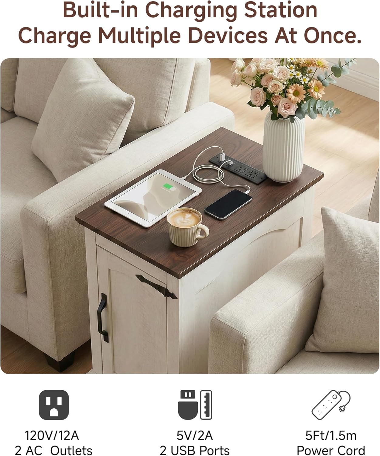 Farmhouse End Table with Charging Station, Narrow Side Table for Living Room, Rustic Wood Sofa Side Table with Storage Cabinet,Small Nightstand for Bedroom Home Office (White)