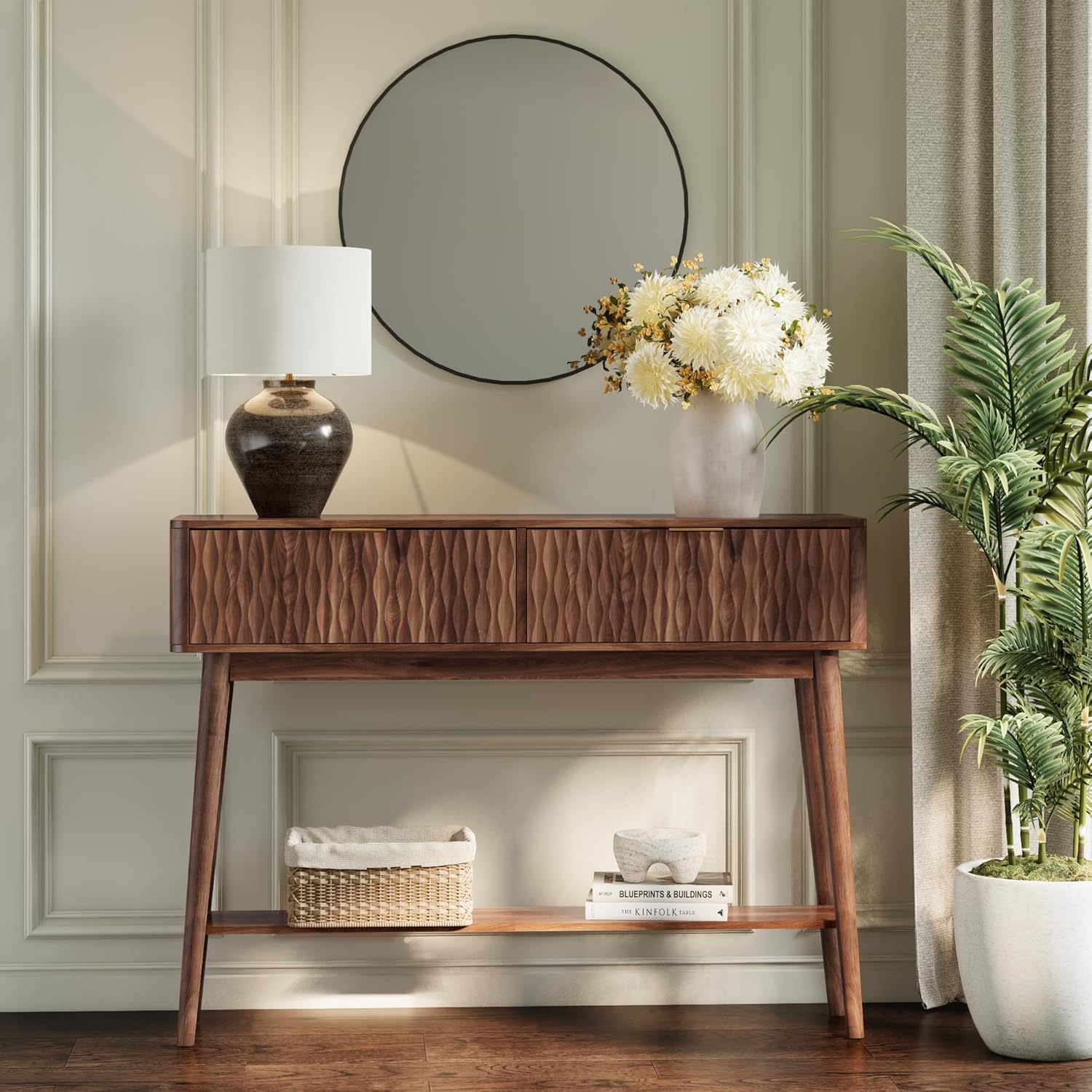 Console Table with Solid Wood Leg,Fluted Entryway Table with Storage Drawers, Mid-Century Modern Narrow Console Table for Living Room,Hallway,Walnut