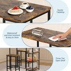 GarveeHome 3-Piece Kitchen Table Set with Storage Shelves & 2 Bar Stools - Iron and Wood Dining Table for Small Spaces, Apartments, Condos, Rustic Brown