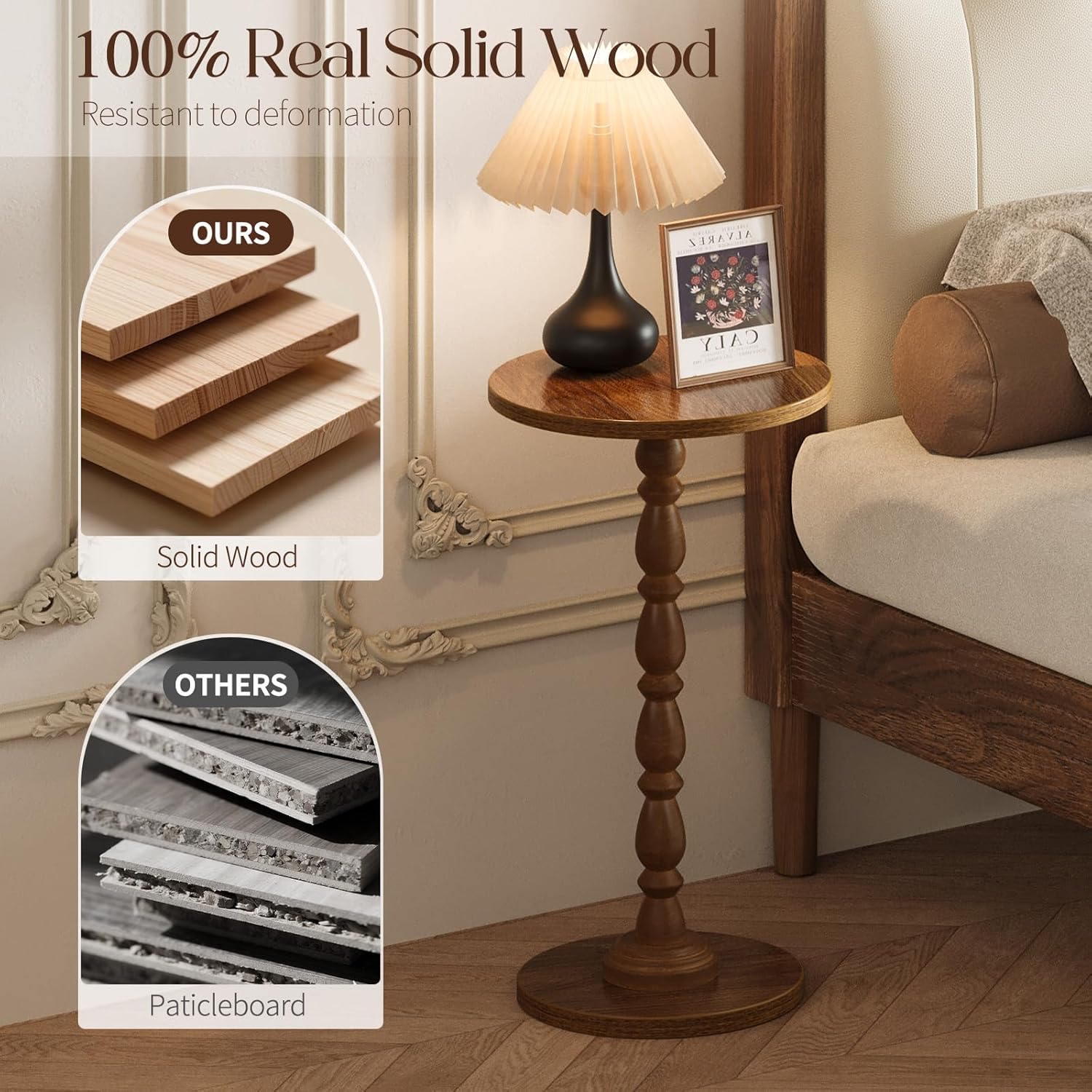 Small Round Side Table - End Tables for Living Room, Vintage Accent Drink Table for Small Spaces, Bedroom, Corner, Solid Wood Couch Side Tables with Wooden Pedestal, Modern Nightstand, Walnut