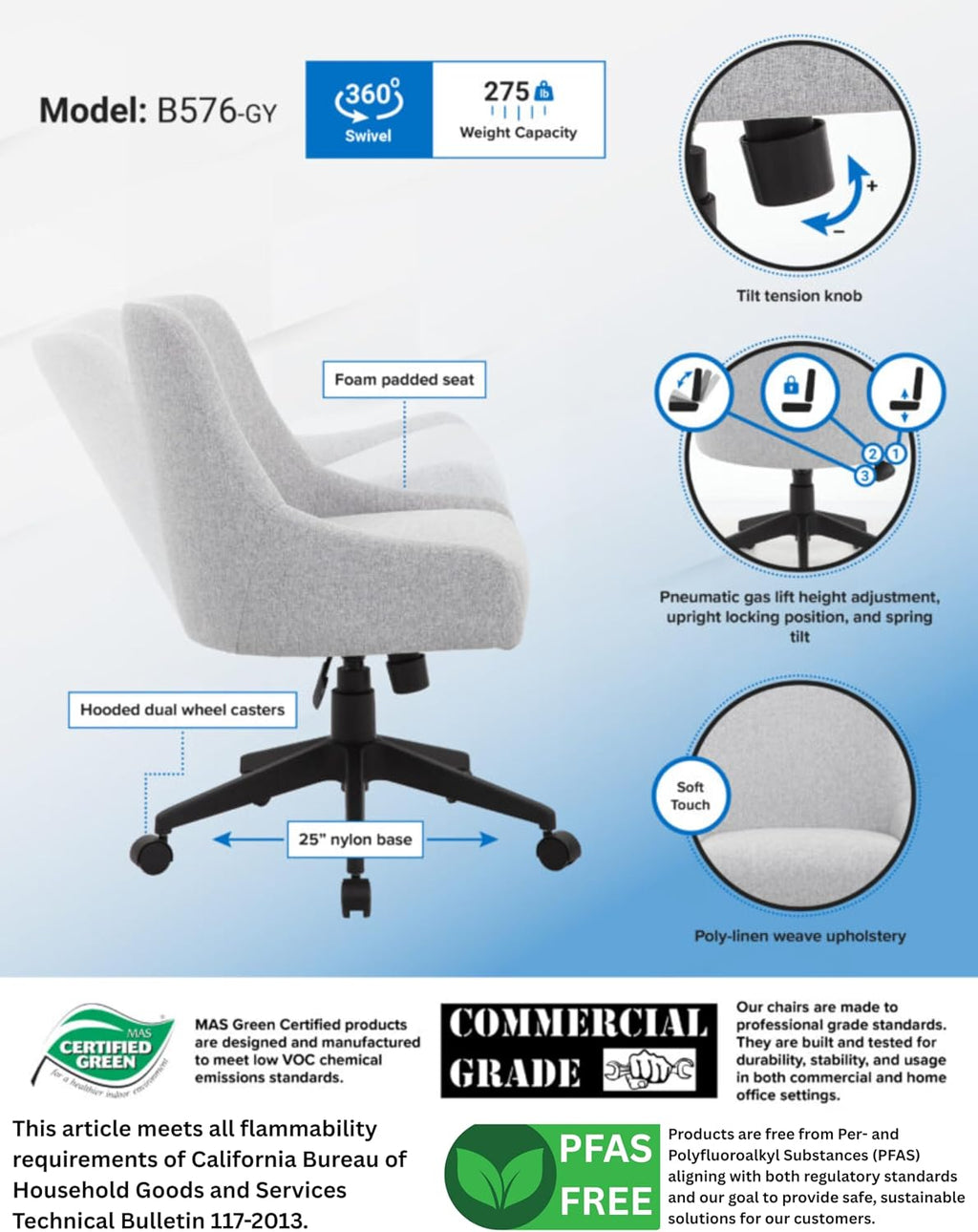 Boss Office Products Boyle Poly-Linen Guest Chair with Casters in Grey
