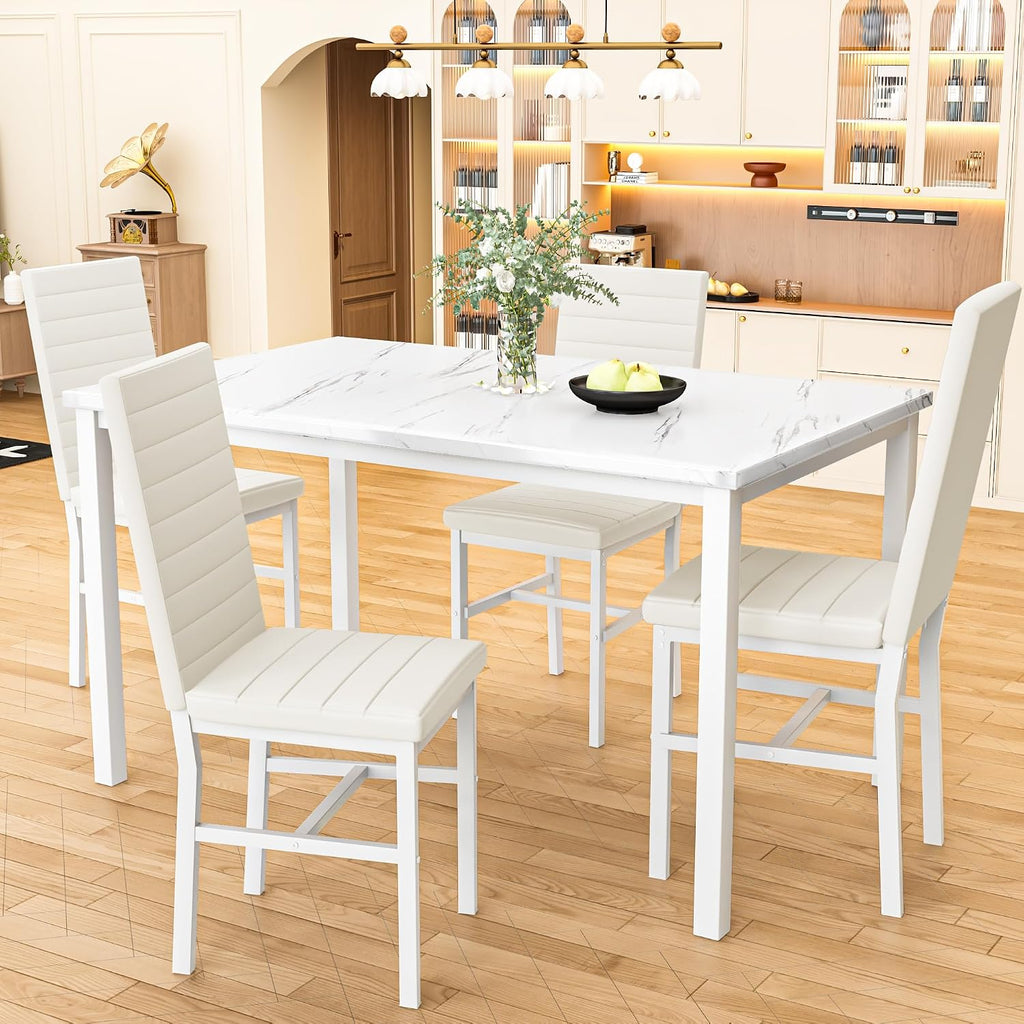 Hooseng Dining Table Set for 4, 5-Piece Faux Marble Dinner Table Set with 4 Upholstered PU Leather Chairs Kitchen Table Chairs Set Modern Space-Saving Dinette Set for Breakfast Nook Apartment White