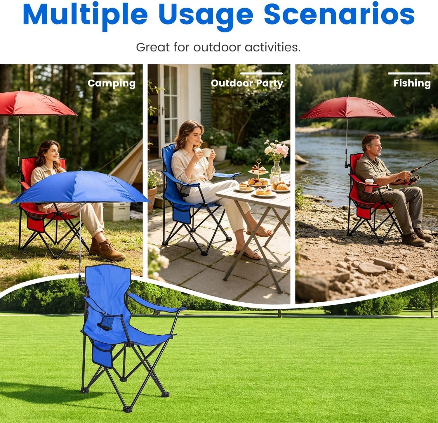 Folding Camping Chair with Detachable 8-Rib Sun Umbrella, 42 Inch Canopy Aluminum Alloy Portable Lawn Chair, Supports 330 lbs, Cup Holder, for Beach Camping Travel