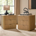 Fluted End Table Set of 2 with 3 Drawers, Solid Wood End Tables with Charging Station, USB Type-C Ports & Metal Base, Modern Beside Tables for Living Room, Natural