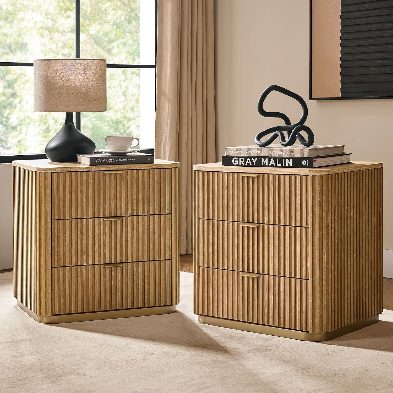 Fluted End Table Set of 2 with 3 Drawers, Solid Wood End Tables with Charging Station, USB Type-C Ports & Metal Base, Modern Beside Tables for Living Room, Natural