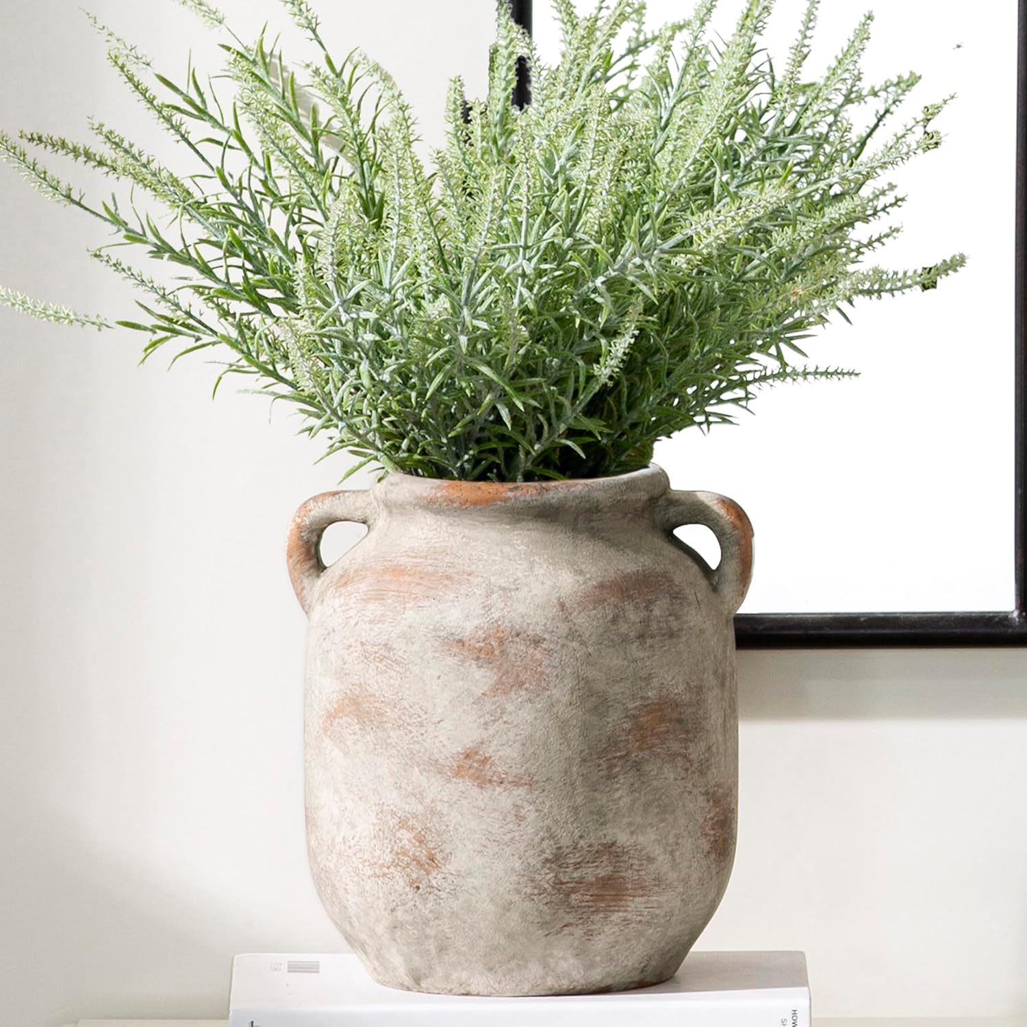 Ceramic Flower Vase Home Decor - 7.6 Inch Farmhouse Rustic Table Vases with Handle Living Room Decoration Decorative Vintage Pottery for Kitchen Shelf Coffee Dining Bookshelf Fireplace Centerpiece