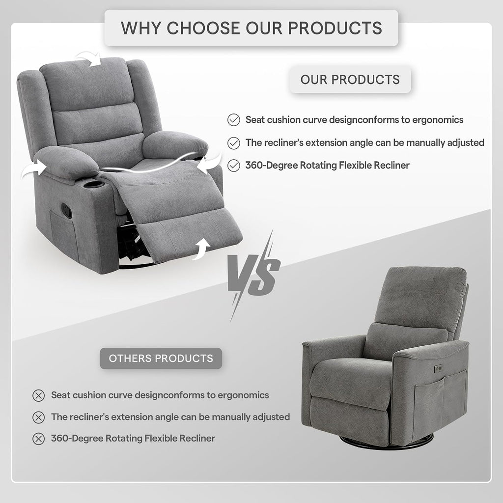 360°Swivel Rocking Chairs for Adult,Recliner Chair with Side Pockets and Cup Holders,Rocker Recliner with a Suitable for Living Rooms,Bedrooms,Light Grey