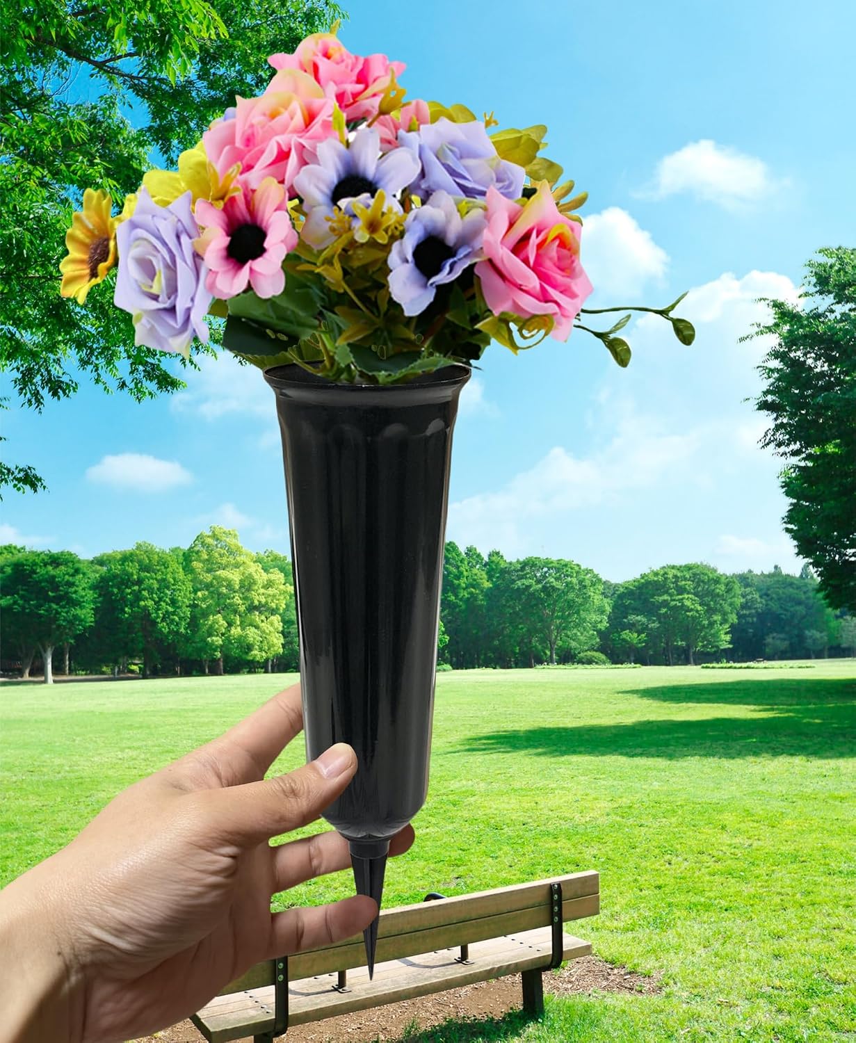 Memorial Floral Vases, Cemetery Vase, Headstones Flower Holder, Grave Cone Vase, Flower Pots for Outdoor Plants, Decorative Plastic Containers (Set of 6, Black)