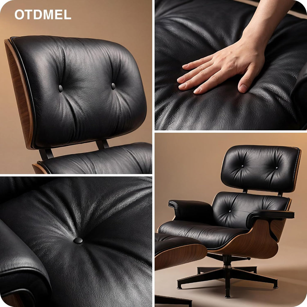 Luxury Top Black Grain Leather Mid Century Chaise Lounge Chair with Ottoman, Premium Handcrafted Walnut Wood, Ergonomic Modern Accent Chair for Living Room Office