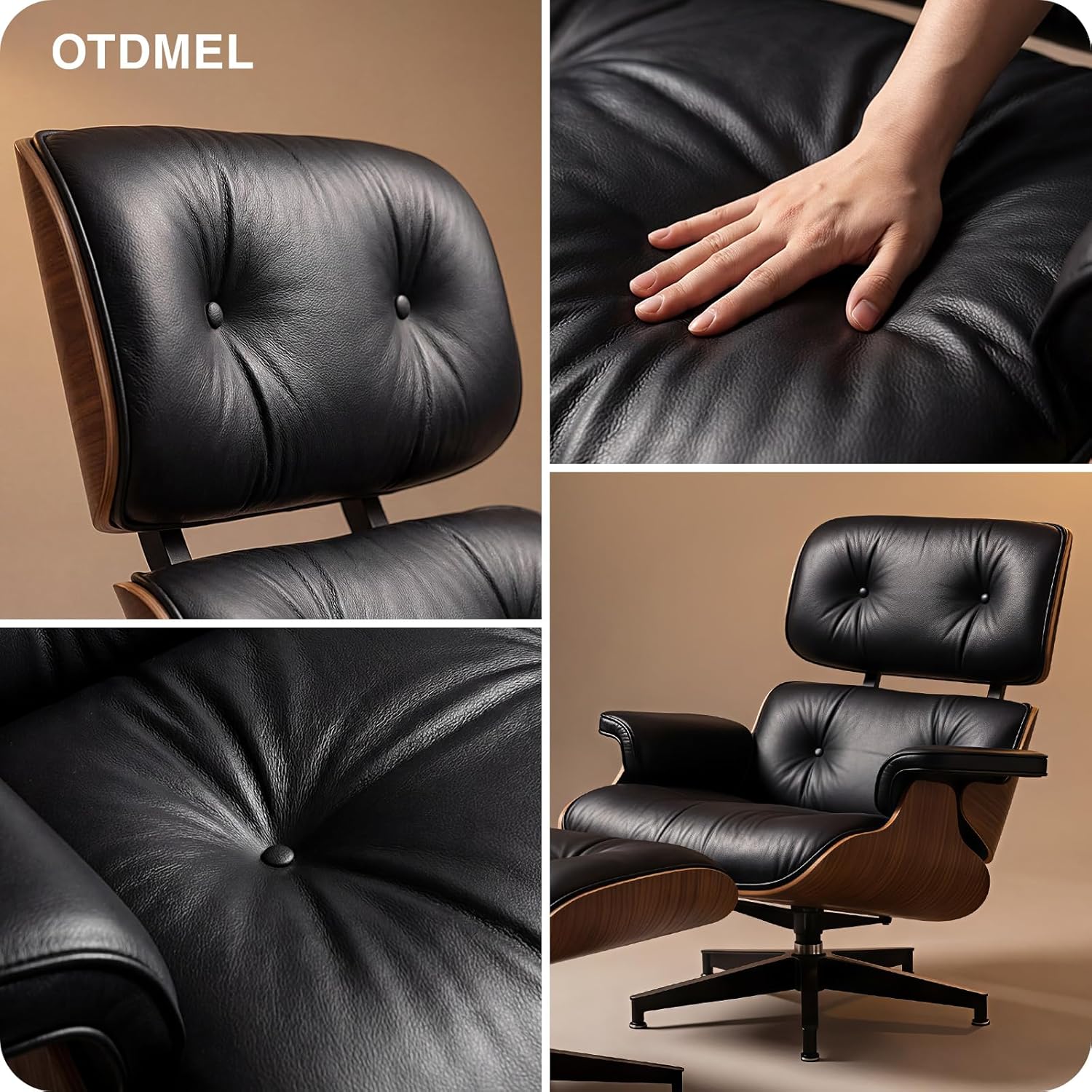 Luxury Top Black Grain Leather Mid Century Chaise Lounge Chair with Ottoman, Premium Handcrafted Walnut Wood, Ergonomic Modern Accent Chair for Living Room Office