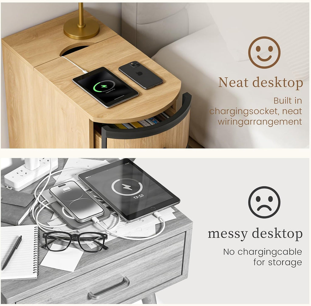 BERRYMERRY Narrow End Table Set of 2 with Charging Station, Modern Slim Nightstand Bedside Table with 3 Drawers for Bedroom Living Room, Natural, 11.81" W x 23.51" D x 23.62" H