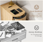 BERRYMERRY Narrow End Table Set of 2 with Charging Station, Modern Slim Nightstand Bedside Table with 3 Drawers for Bedroom Living Room, Natural, 11.81" W x 23.51" D x 23.62" H