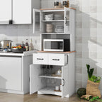 67'' H Kitchen Pantry Cabinet, Modern White Tall Storage Cabinet with Glass Doors and Drawers, Kitchen Storage Microwave Cabinet for Dining Room