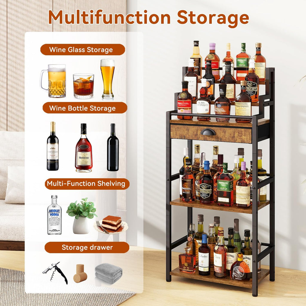 IBUYKE Stepped Wine Rack Freestanding Floor,Bar Cabinet,Brown TMJ915H | Wine Bottle Display Liquor Bottle Holder with Drawer for Whiskey for Home Living Room Dining