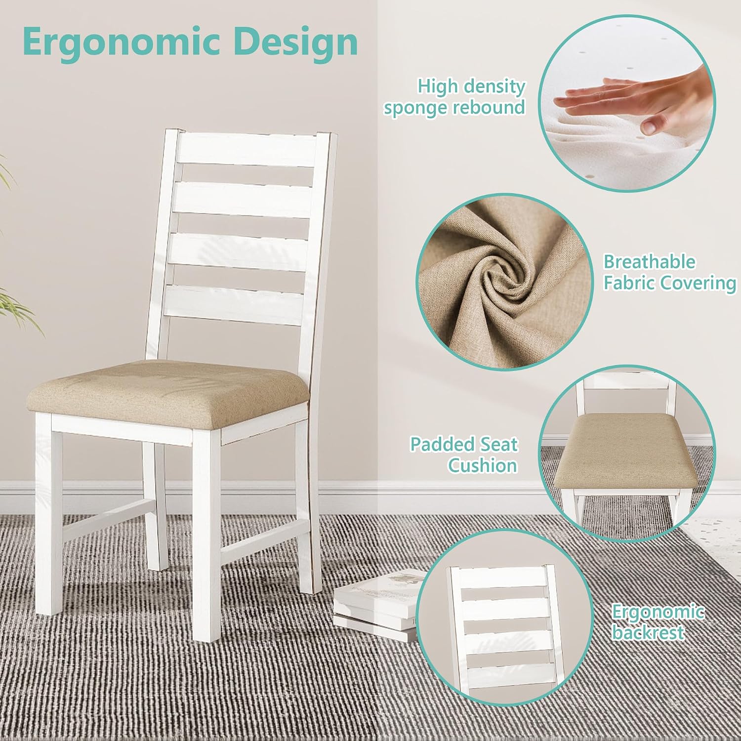 ROCSUMOO Farmhouse Dining Table Set with 4 Chairs and 1 Bench, 59" White Kitchen Table Set, Rectangular Dinner Room Table & Chairs Set Wood (4 Chairs & 1 Bench)