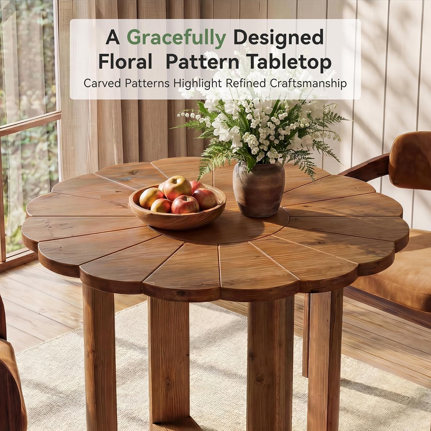 31.5-Inch Solid Wood Round Dining Table for 2-4, Small Farmhouse Kitchen Table with Carved Petal Pattern, Wooden Dining Room Furniture for Apartments, Small Place, Rustic Brown