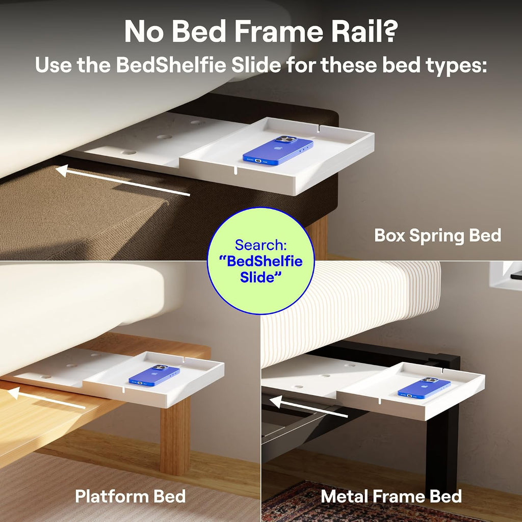 BedShelfie Bedside Shelf for Dorm Room - Cable Catch, Black | Bunk Bed & Top Bunk, College Dorm Room Essentials, Clip On Nightstand, Bed Side Table Tray, College Dorm Essentials