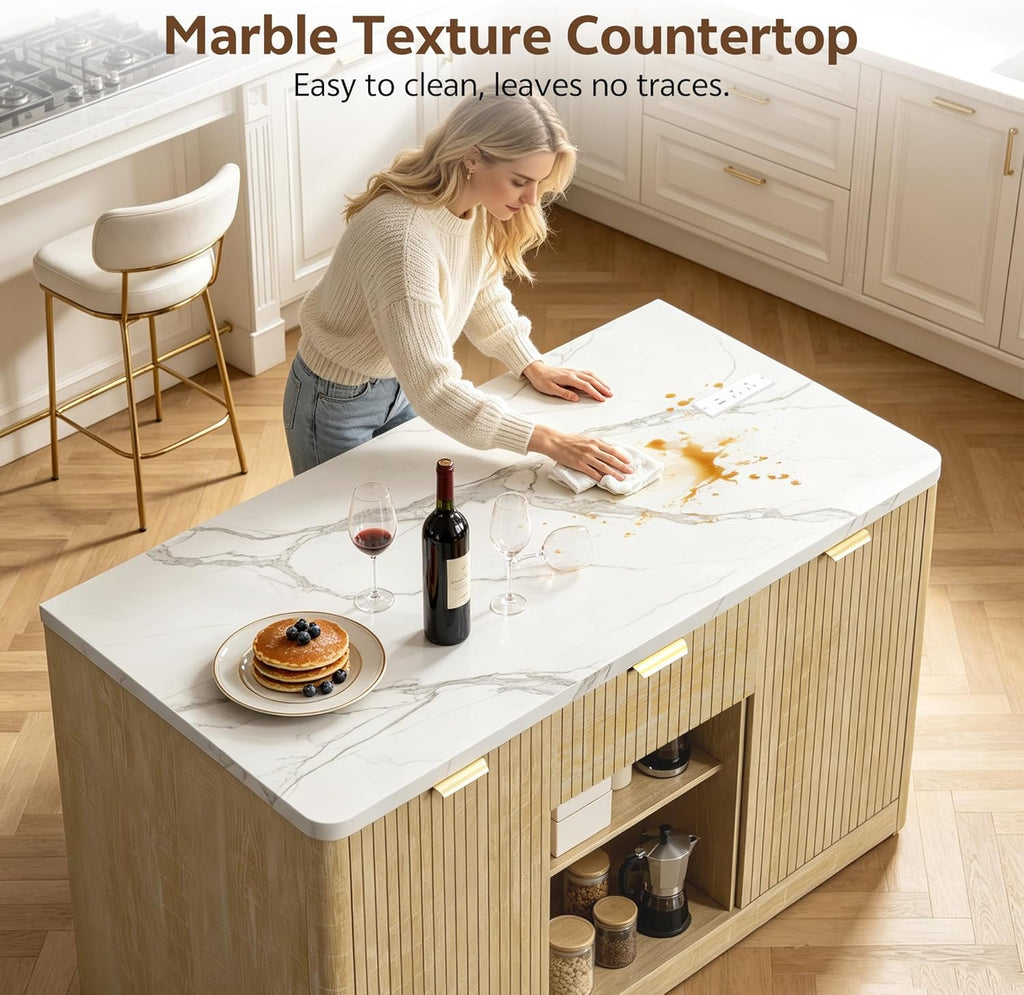 Kitchen Island Cart with Storage, 47.2"x31.5" Kitchen Island Marble Top Adjustable Shelf Rolling Storage Cart with Drawer Coffee Bar Cabinet with Power Outlet - Natural Wood