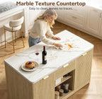 Kitchen Island Cart with Storage, 47.2"x31.5" Kitchen Island Marble Top Adjustable Shelf Rolling Storage Cart with Drawer Coffee Bar Cabinet with Power Outlet - Natural Wood