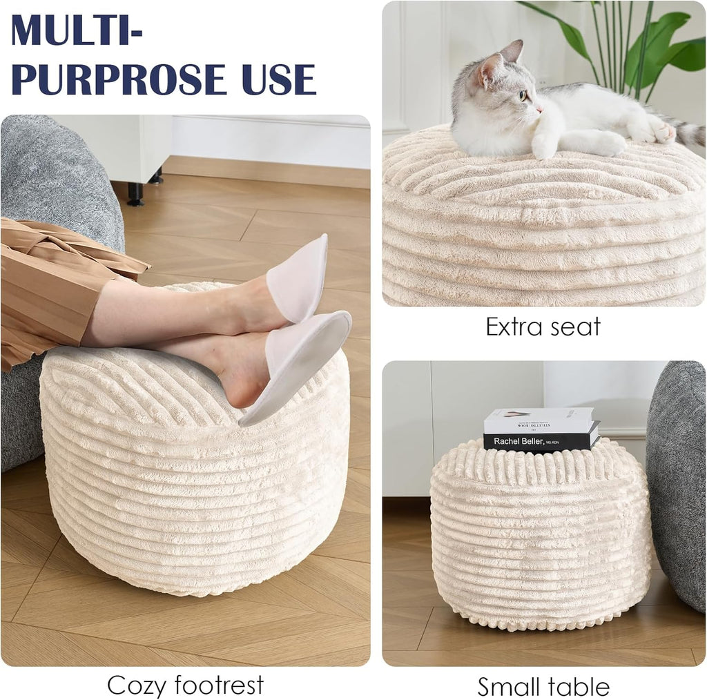 Round Ottoman,Corduroy Pouf Ottoman Foot Rest,Storage Footstool for Living Room,18x14 Soft Floor Poufs,Memory Foam Filling - Beige, 18x14 in