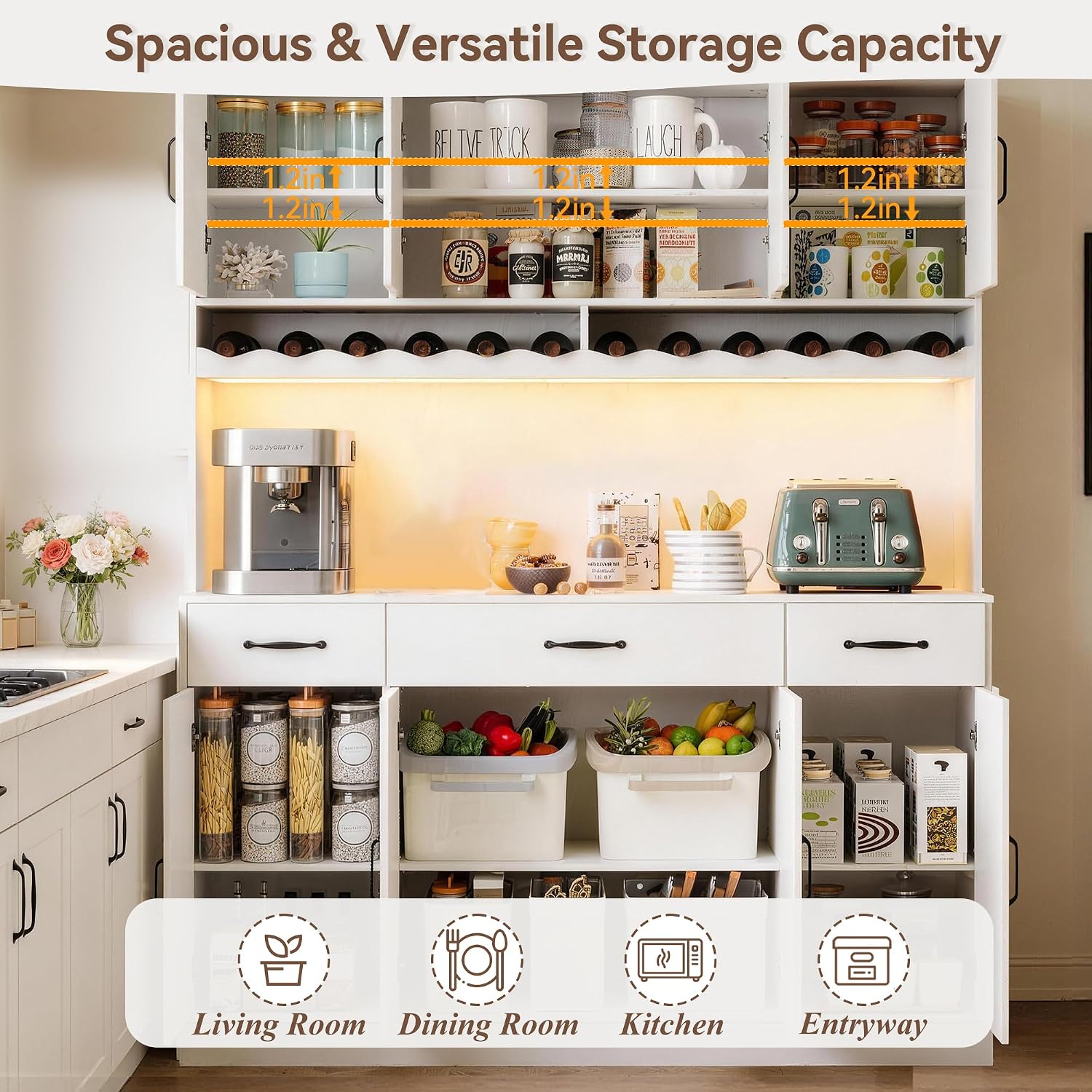 White 72" Tall Kitchen Pantry Cabinet with Charging Station 55" Wide Kitchen Hutch Cabinet with LED Light and Countertop Large Kitchen Cabinet with Adjustable Shelves and Wine Rack
