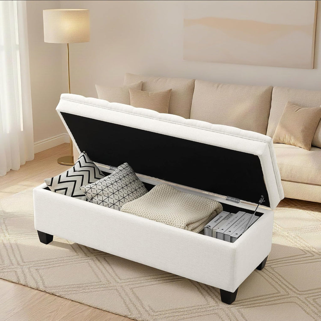 50" Storage Ottoman Bench, Rectangular End of Storage Bench, Upholstered Large Fabric Tufted Ottoman with Storage for Living Room, Bedroom, Entryway,Wihte