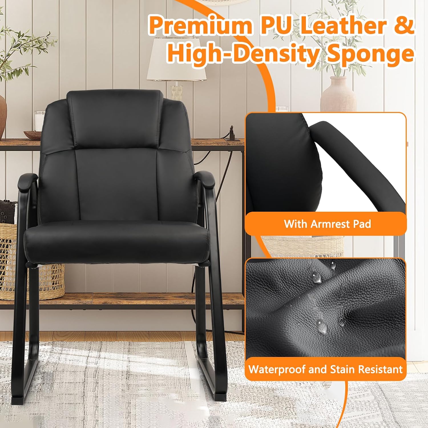 CLATINA Classic Leather Soft Reception Chair with Padded Armrests and Sled Base, Executive Guest Chair for Office Computer Desk Conference Waiting Meeting Room, Black (8 Pack)