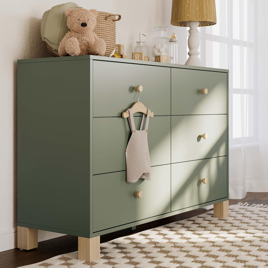 Storkcraft California 6-Drawer Double Dresser, Olive with Driftwood | GREENGUARD Gold Certified, Wood Dresser, Spacious Storage Organizer for Kids Bedroom, Safety Interlocking Drawer System