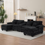 OUYESSIR U Shaped Cloud Sectional Couch, 132" Fluffy Modular Sofa Set with Double Chaise Lounge Central Console & USB Port, Comfy Chenille Big Sectional Couches for Living Room, Dark Black