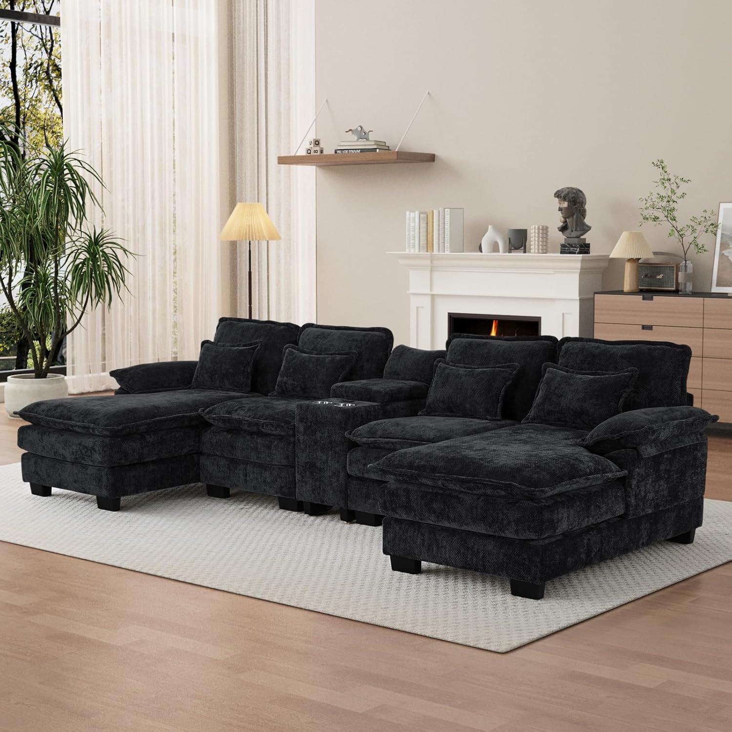 OUYESSIR U Shaped Cloud Sectional Couch, 132" Fluffy Modular Sofa Set with Double Chaise Lounge Central Console & USB Port, Comfy Chenille Big Sectional Couches for Living Room, Dark Black