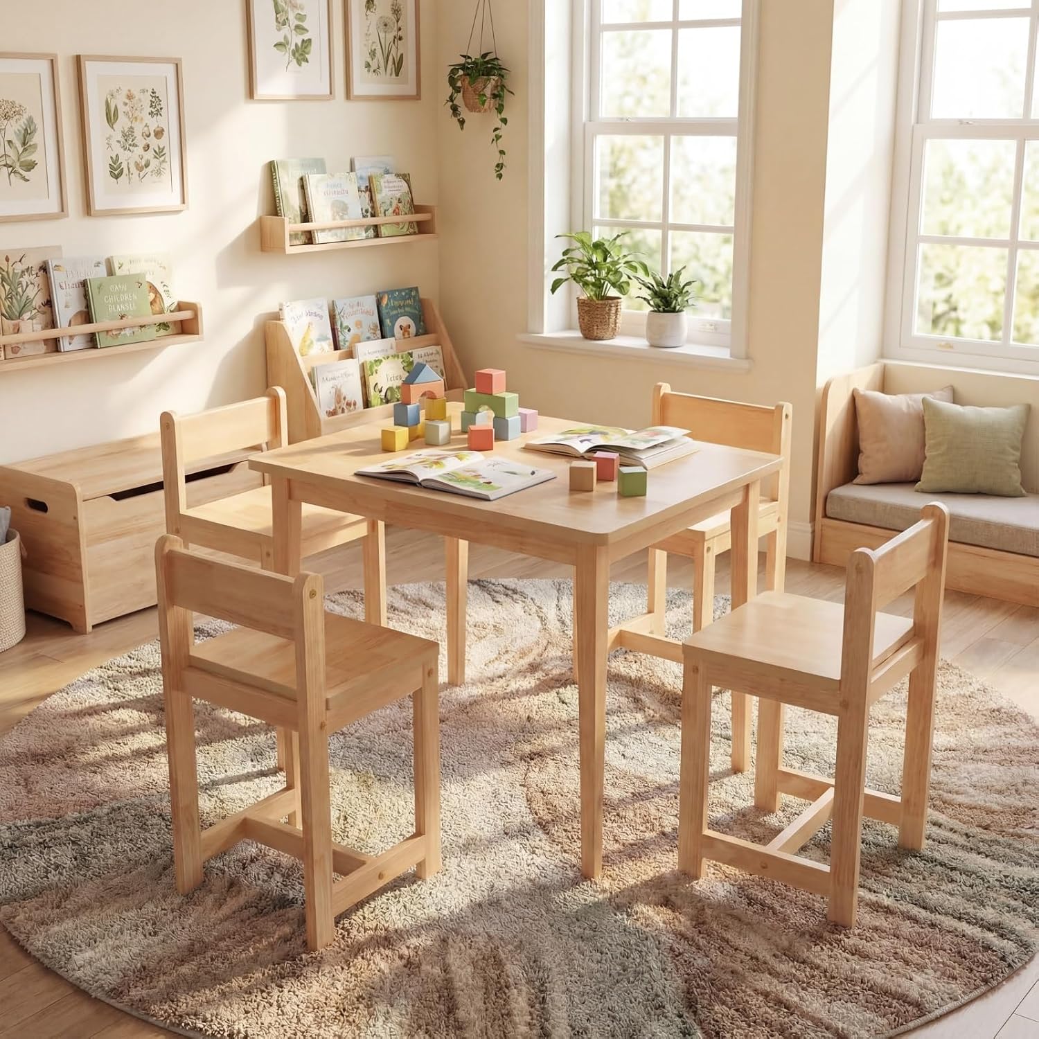 HONEY JOY Kids Table and Chairs, Wooden Activity Table with 4 Chairs Set for Crafts, Homework, Drawing & Snack Time, 5-Piece Playroom and Kindergarten Furniture Set for Children Ages 4+ (Natural)