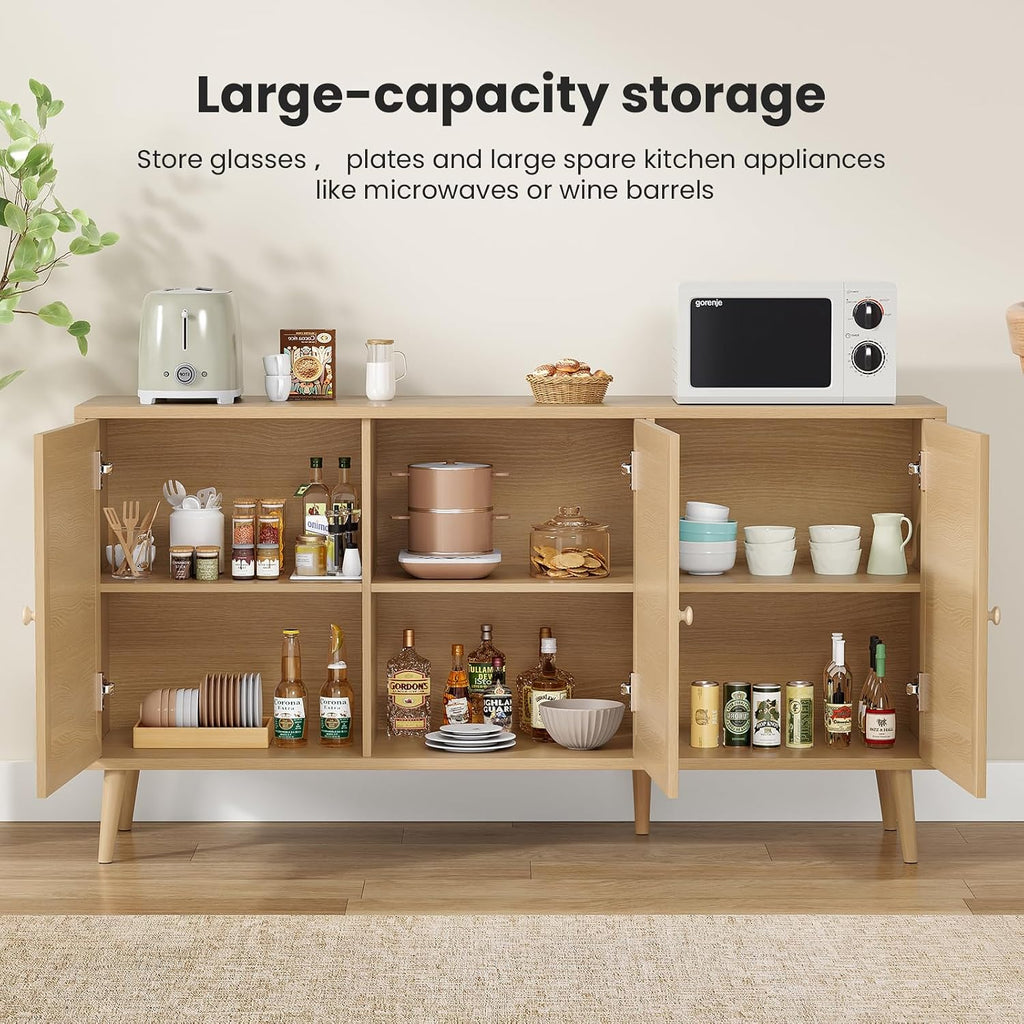 Farini 59.1" Buffet Cabinet with 3 Rattan Doors,Kitchen Sideboard for Dining Room, Hallway & Living Room, Coffee Bar Storage Console Table,Natural