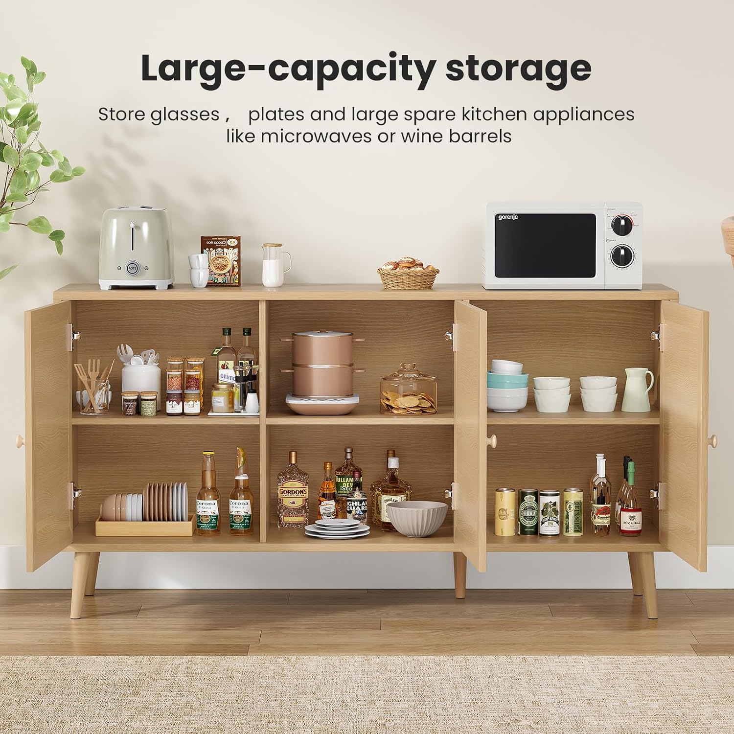 Farini 59.1" Buffet Cabinet with 3 Rattan Doors,Kitchen Sideboard for Dining Room, Hallway & Living Room, Coffee Bar Storage Console Table,Natural