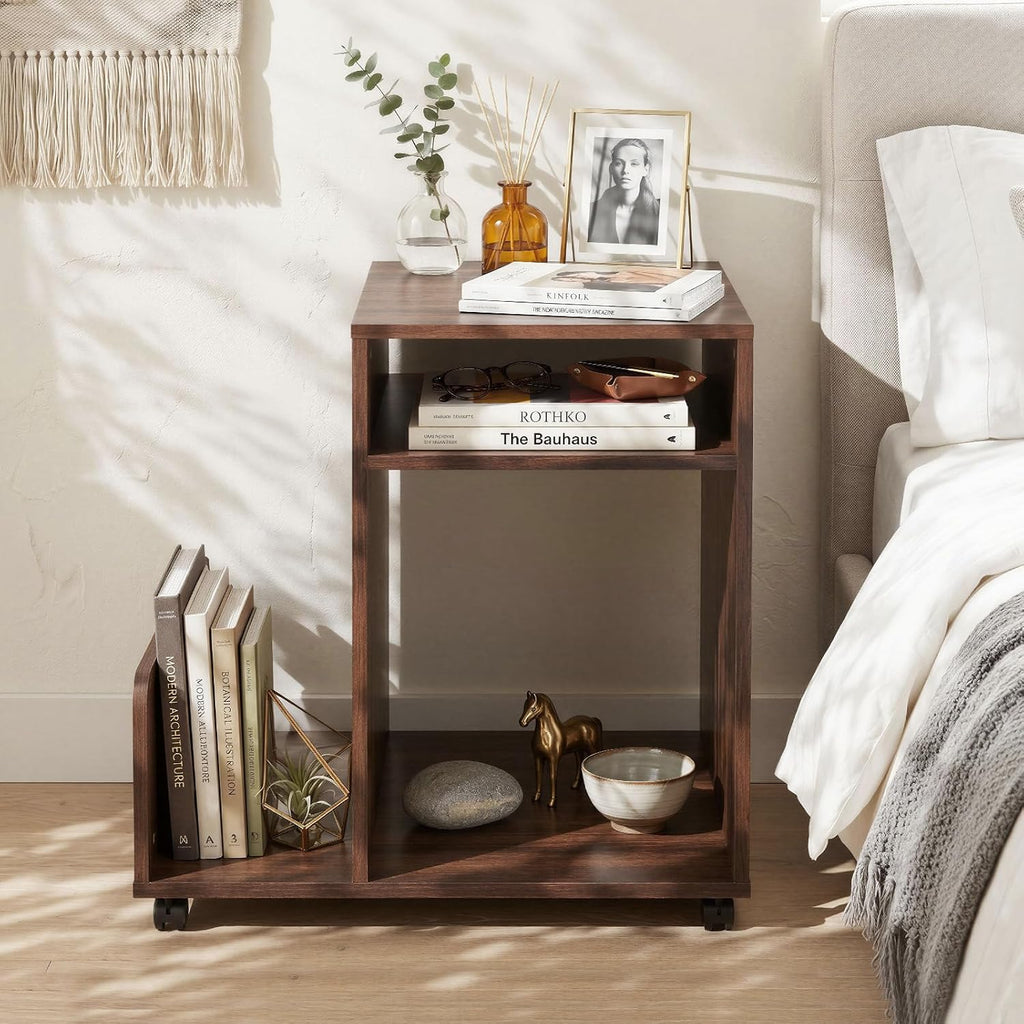 Giantex Rolling End Table with Storage, 3-Tier Mobile Sofa Couch Side Table w/Magazine Rack & Open Storage Shelves & Lockable Wheels, Farmhouse Night Stand for Bedroom Living Room, Espresso