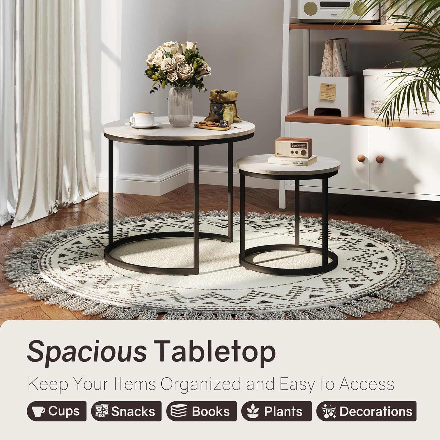 Otterease Nesting Tables Set of 2, Round Coffee Table, Small Nesting Coffee Table with Adjustable Non-Slip Fee, Wood Grain Top Nesting Tables for Living Room, Bedroom (Wood Grain Grey)