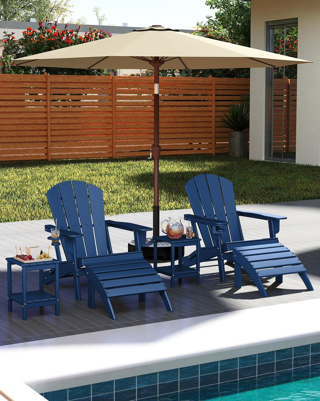 GREENVINES Folding-Adirondack-Chairs-Set-of-2 | w/Cup Holder | HDPE Plastic | All-Weather Patio Fire Pit Chairs | for Outdoor Poolside Deck | Blue