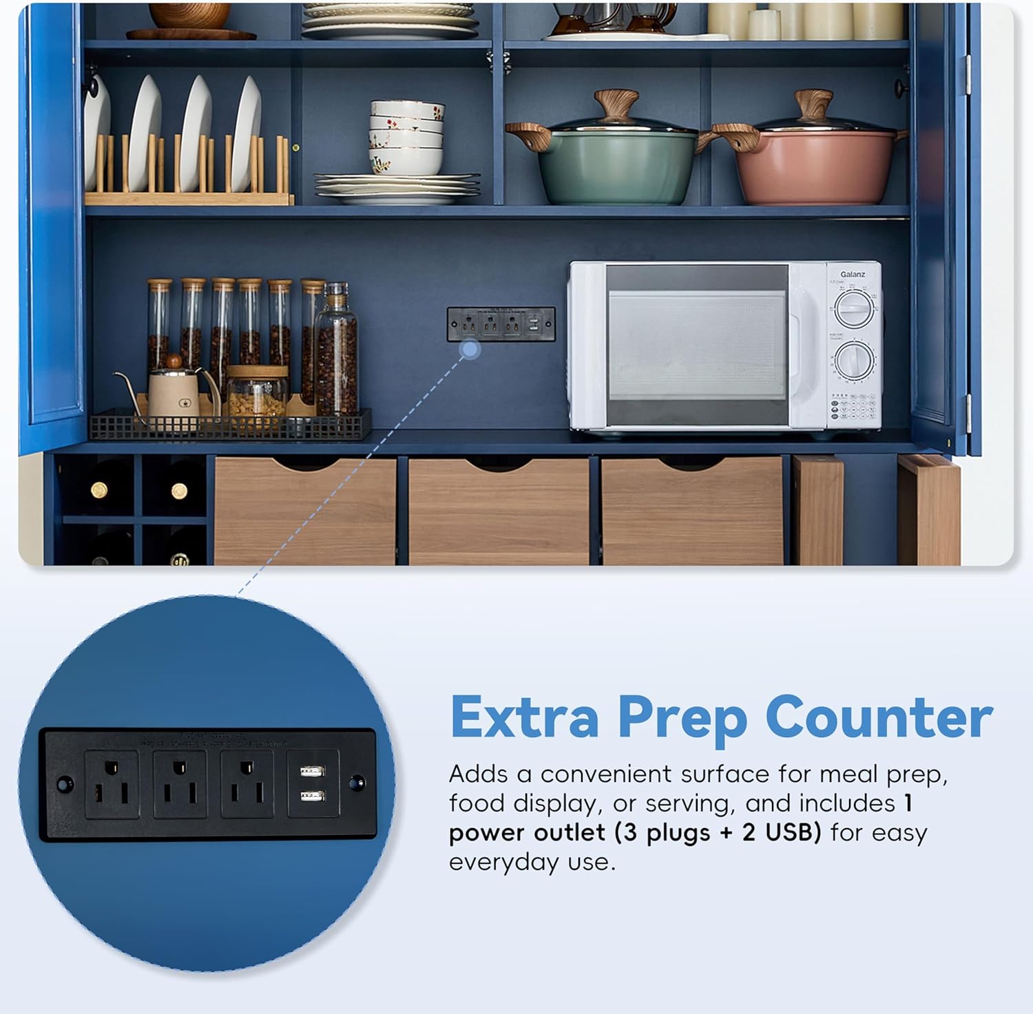Polibi Farmhouse 71" Large Kitchen Pantry Cabinet with 4 Foldable Doors, Power Outlet, Wine Racks, Serving Trays, Adjustable Shelves & Drawers, for Dining Room Storage, Blue