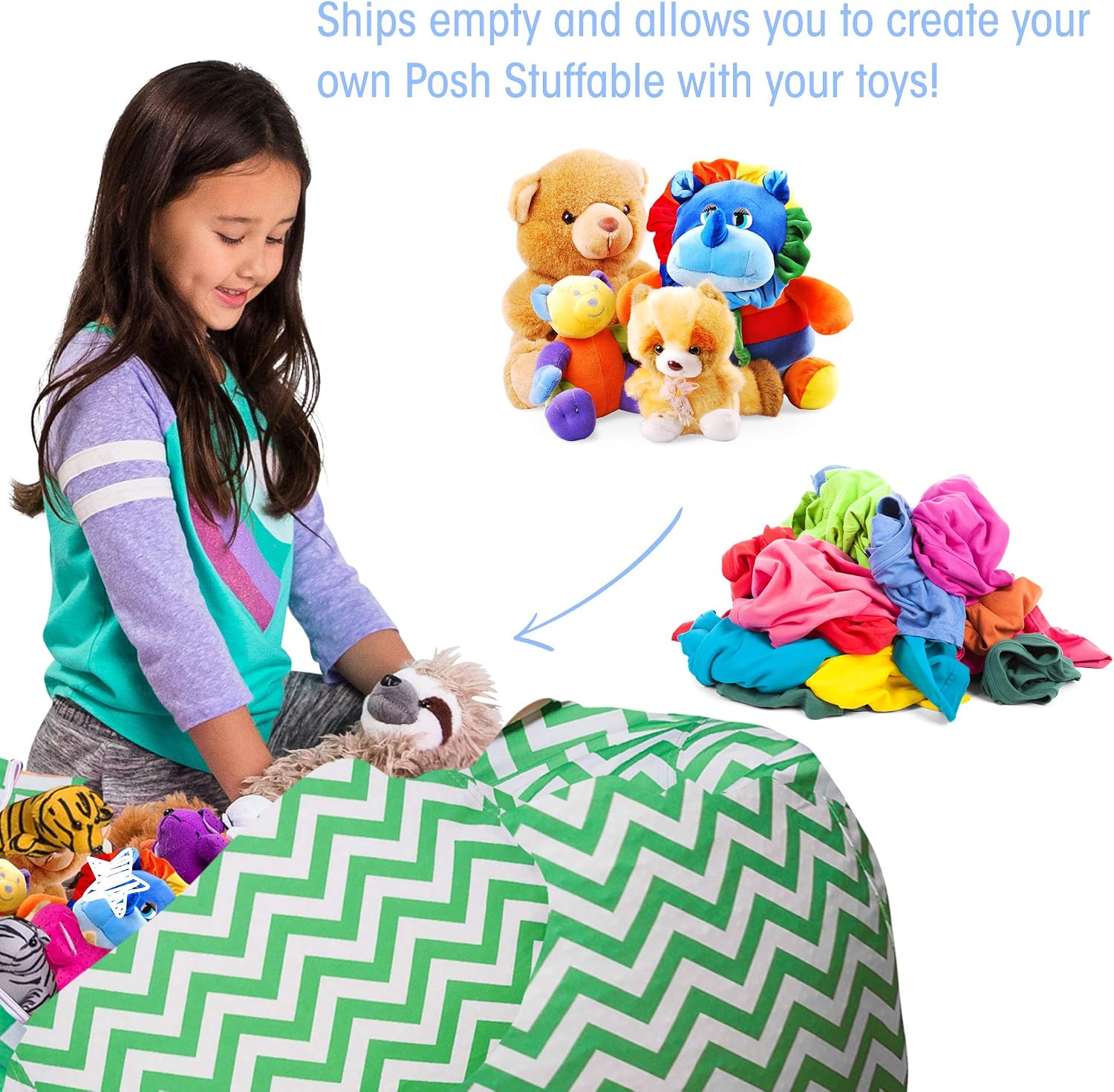 Posh Stuffable Kids Stuffed Animal Storage Bean Bag Chair Cover - Childrens Toy Organizer, X-Large 48" - Pattern Chevron Green and White