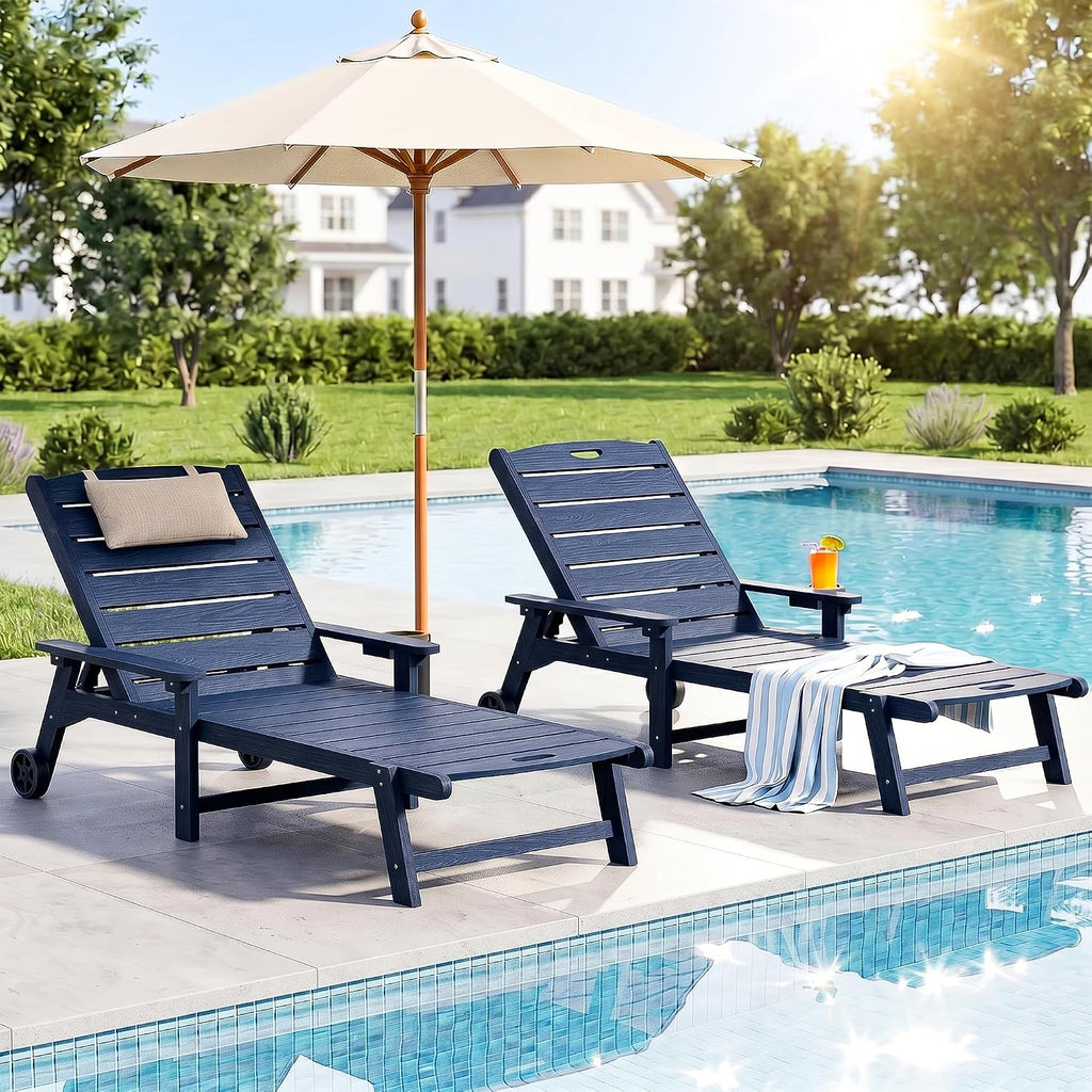 Outdoor Lounge Chair Set of 2 with 5-Position Adjustable, Outside Lounge Chair with Cup Holder, Wheels for Easy Mobility, HDPE Tanning Chair for Poolside, Patio, Blue