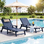 Outdoor Lounge Chair Set of 2 with 5-Position Adjustable, Outside Lounge Chair with Cup Holder, Wheels for Easy Mobility, HDPE Tanning Chair for Poolside, Patio, Blue