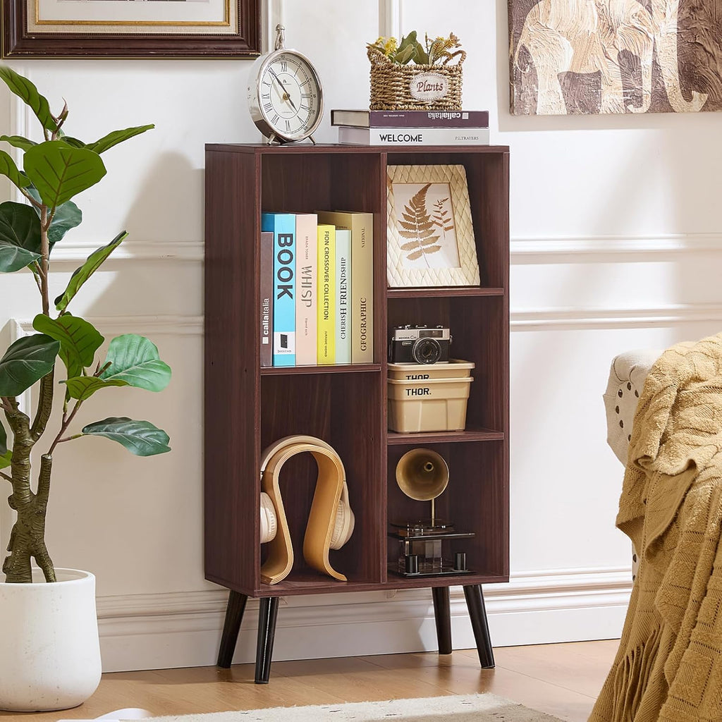 LEYAOYAO 5 Cube Bookshelf 3-Tier Bookcase with Legs,Mint Walnut Kids Book Shelf Cute Storage Organizer,Free Standing Open Toy Shelves Wood Bookshelves,Display Bookcases for Bedroom,Living Room,Nursery