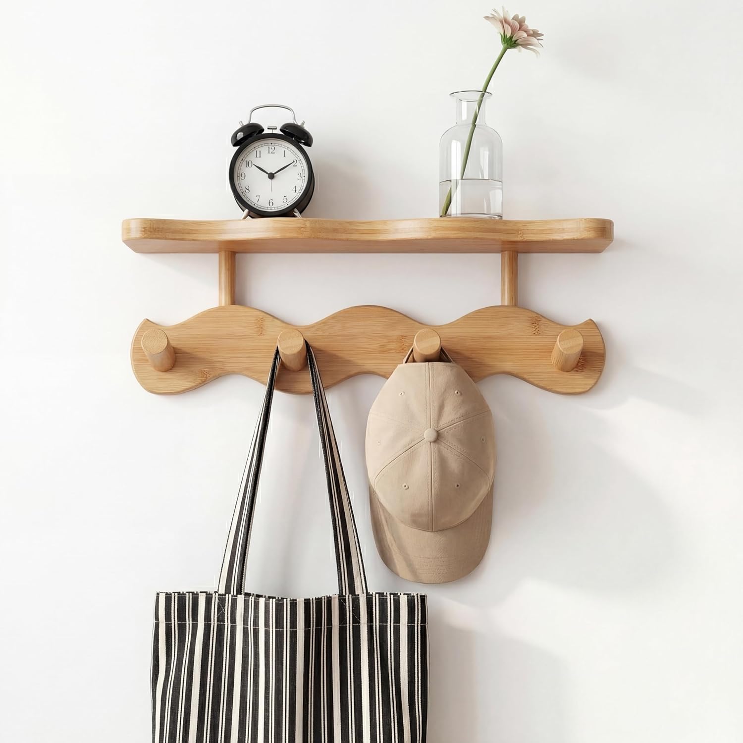 Wave-Shaped Bamboo Coat Rack Wall Mount with Shelves - Modern Decorative Wall Hooks for Entryway, Bathroom & Bedroom,Eco-Friendly Organic Wood Wall Mounted Rack for Hanging Coats, Bags, Keys 4 Hooks